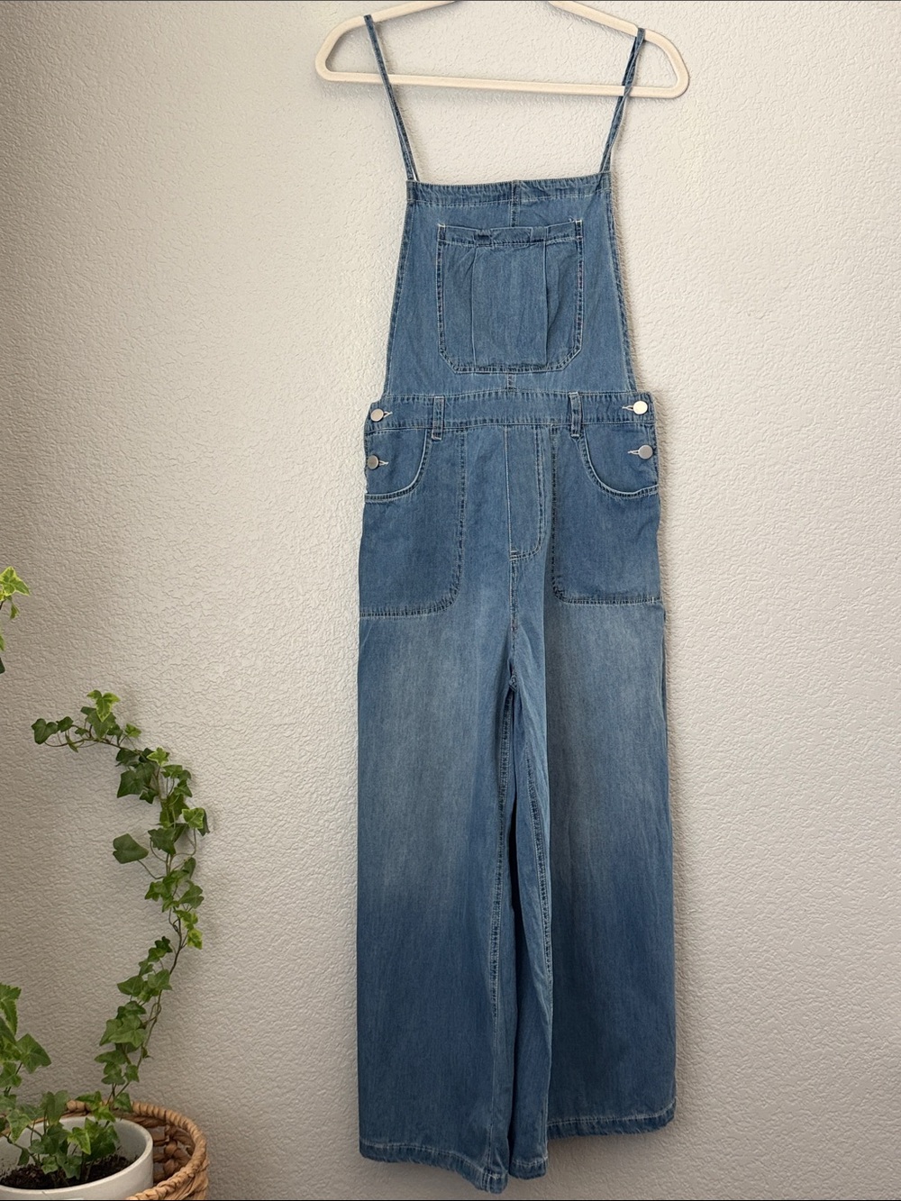 Denim Wide-Leg Overalls in Light Blue
